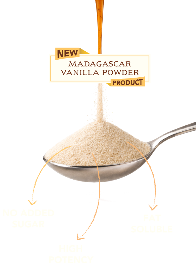 Madagascar Vanilla Powder — product tag, spoon, and benefits