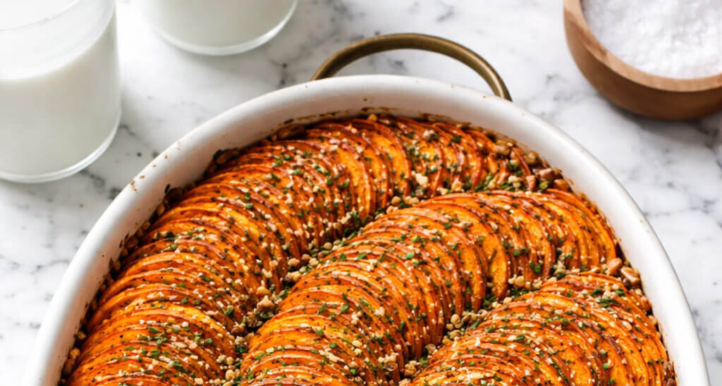 sweet potato au gratin in a casserole dish