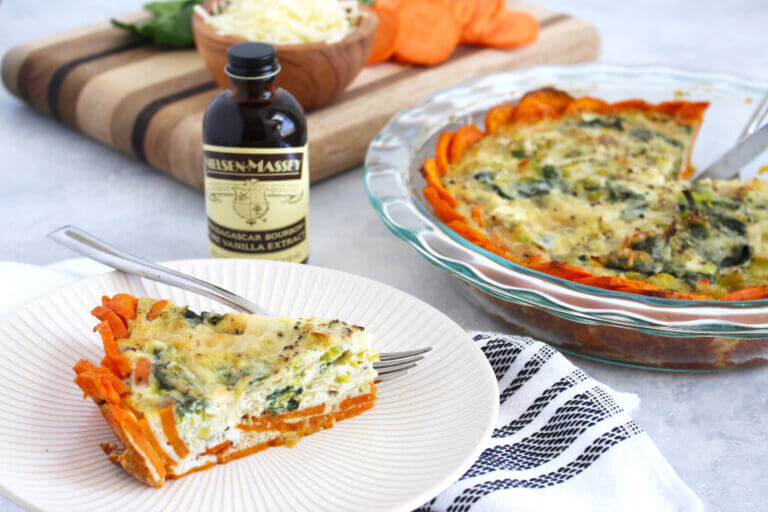 Spinach and Leek Quiche with Sweet Potato Crust. 