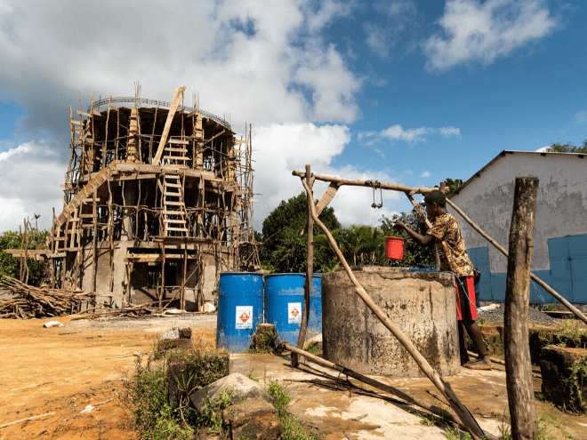 cement water tower to bring clean water to Madagascar