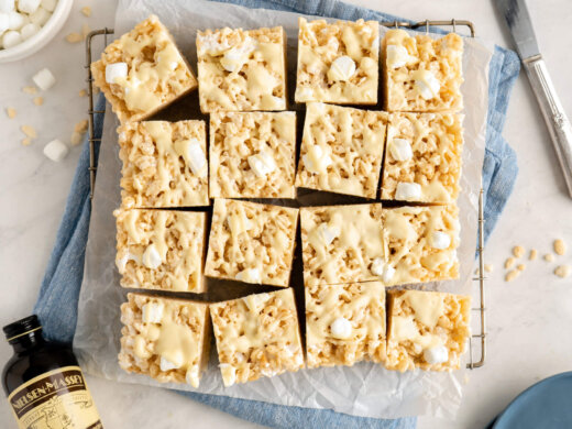 Brown Butter Rice Cereal Treats with White Chocolate Drizzle Recipe