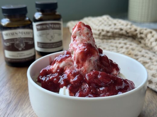 vanilla frozen yogurt with strawberry compote